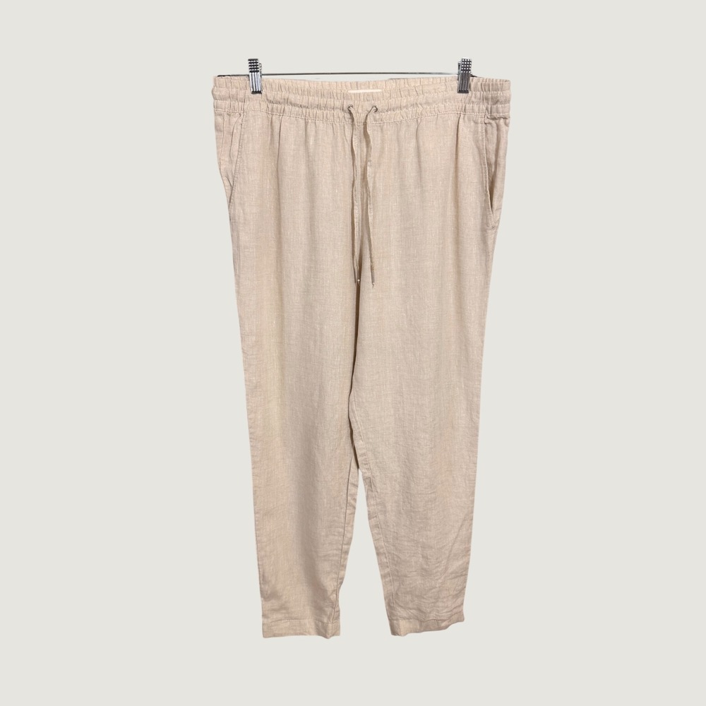 HM LOGG Womens 100% Linen Drawstring Tapered Pants Beige Size 12 0690936 1